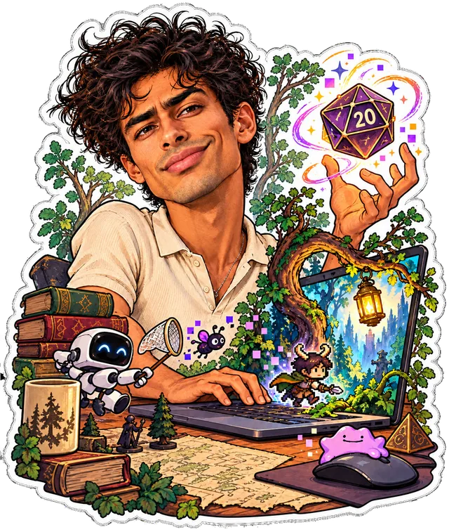 Illustrated portrait of Sahil at his desk, holding up a natural 20, surrounded by books, a lantern, and his games.